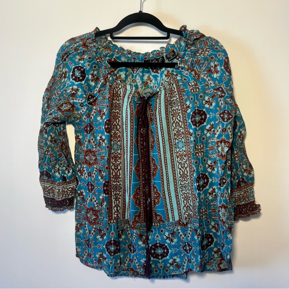 Lola P. Blouse Boho Flowy Mixed-Pattern Blouse Hippie Chic with Tassels Size M